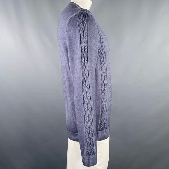 LENOR ROMANO Size L Blue Grey Cable Knit Merino Wool V-Neck Pullover - Picture 2 of 7